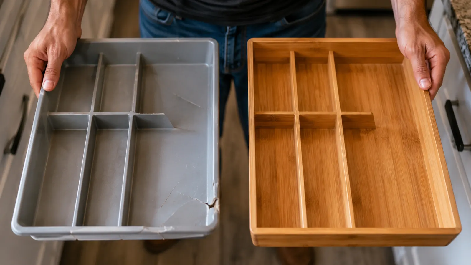 Side-by-side comparison of a cracked plastic drawer tray versus a clean intact bamboo tray