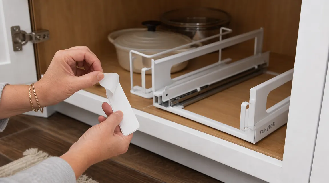 Close-up of the adhesive strip on a pull-out cabinet rail, showing the peel-and-press backing being removed before installation