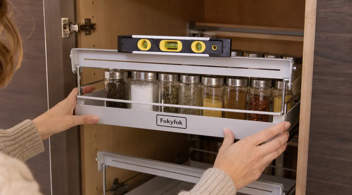 Pull-out shelf sitting slightly unlevel in a cabinet, with a small bubble level placed on the frame showing an off-center bubble