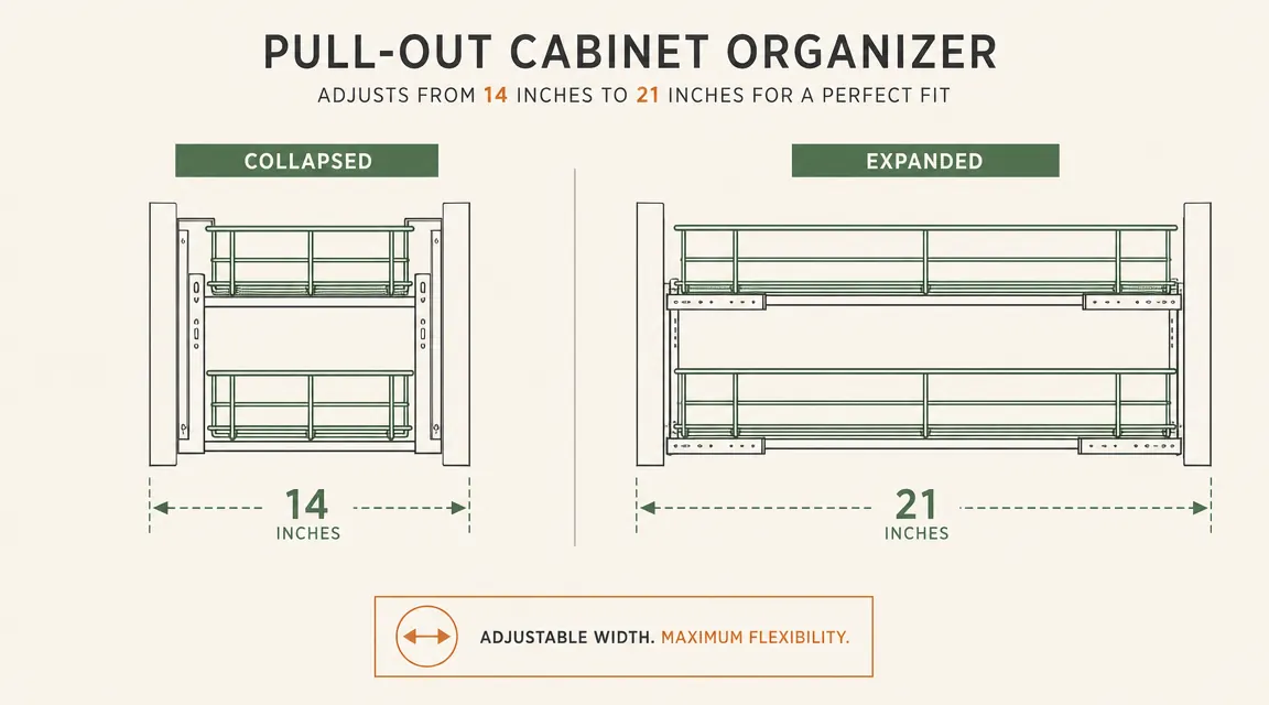 Side-by-side diagram showing 14-inch collapsed width versus 21-inch expanded width of pull-out cabinet organizer