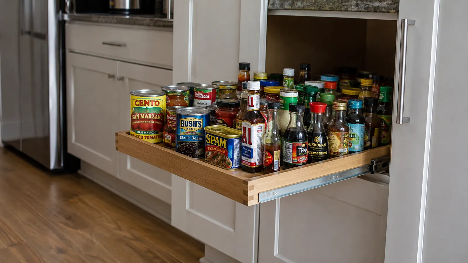 Deep pantry cabinet with pull-out shelf fully extended, showing canned goods and condiment bottles that would otherwise be hidden at the back