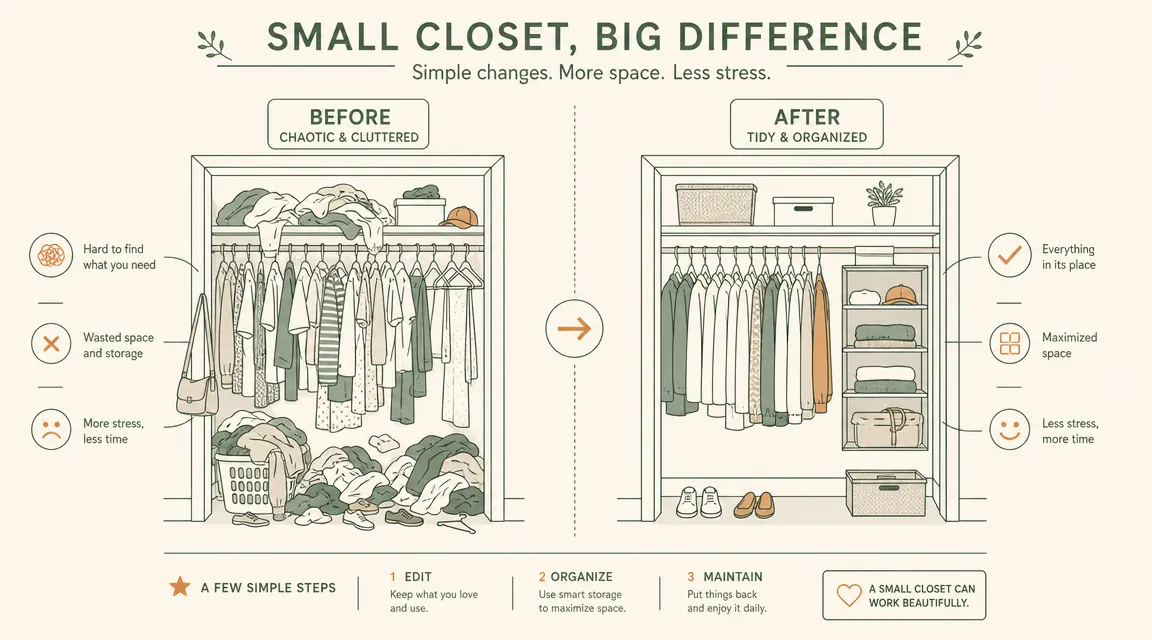 Before and after side-by-side of a small closet, left chaotic with clothes piled on floor, right tidy with hanging shelf in use