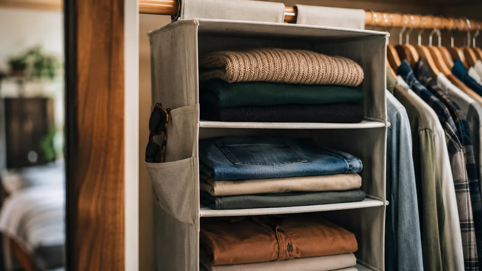 Neatly folded clothes on a hanging closet shelf with side pocket holding a pair of sunglasses