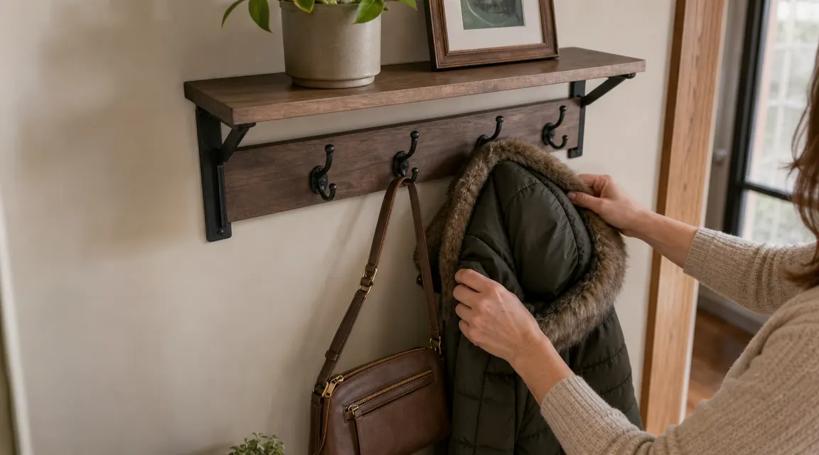 Close-up of a double hook on the Homode coat rack holding a heavy winter coat and a crossbody bag simultaneously