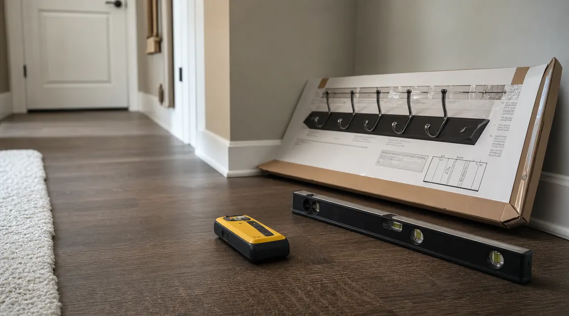 Wall stud finder and level resting on a hall floor next to a packaged coat rack before installation