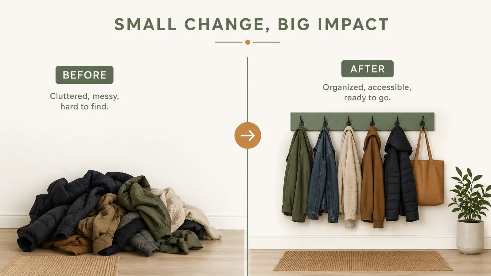 Before and after split: left side shows coats piled on the floor; right side shows a clean wall-mounted rack with everything hung neatly