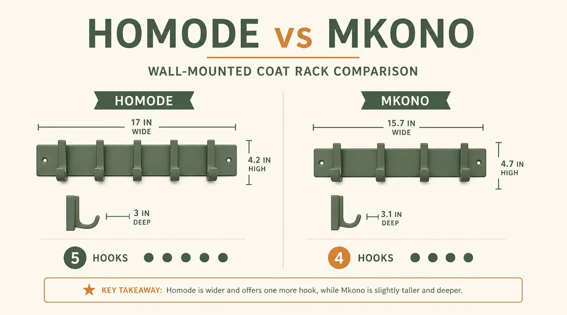 Comparison chart showing Homode versus Mkono coat rack dimensions and hook count