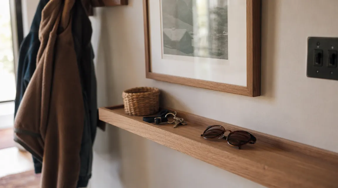 Entryway shelf holding keys, sunglasses, and a small basket next to hanging coats