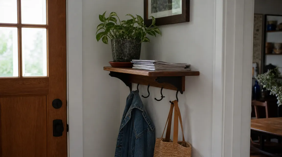 Small shelf above coat hooks holding a potted plant and folded mail, real entryway setting