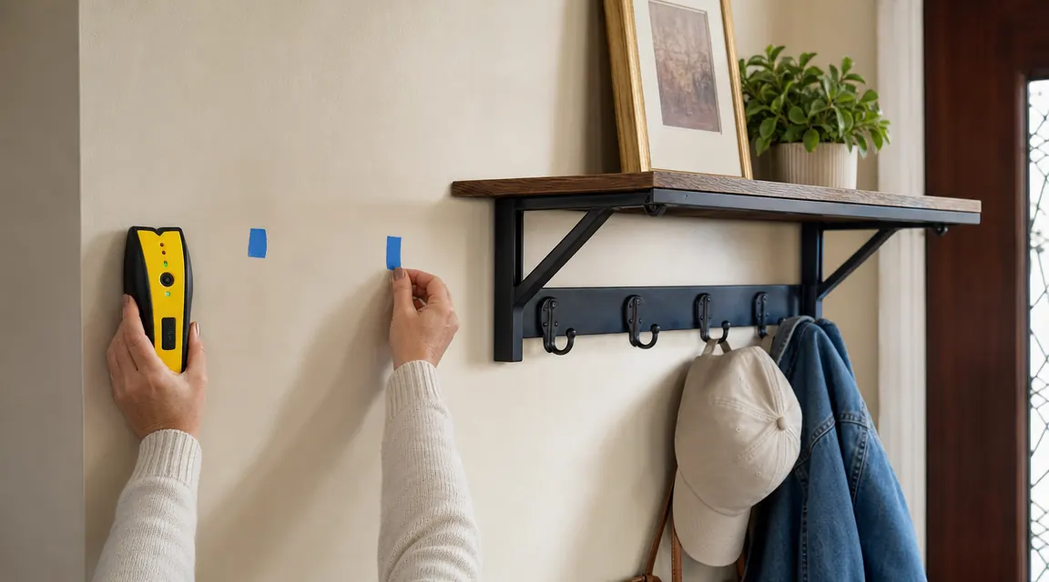 Hand holding a stud finder against a painted wall while marking stud locations with painter's tape