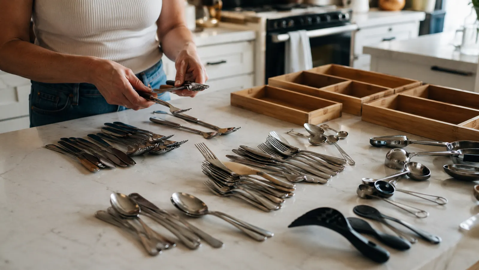 Silverware and kitchen utensils sorted into piles on a kitchen counter before going into bamboo drawer dividers