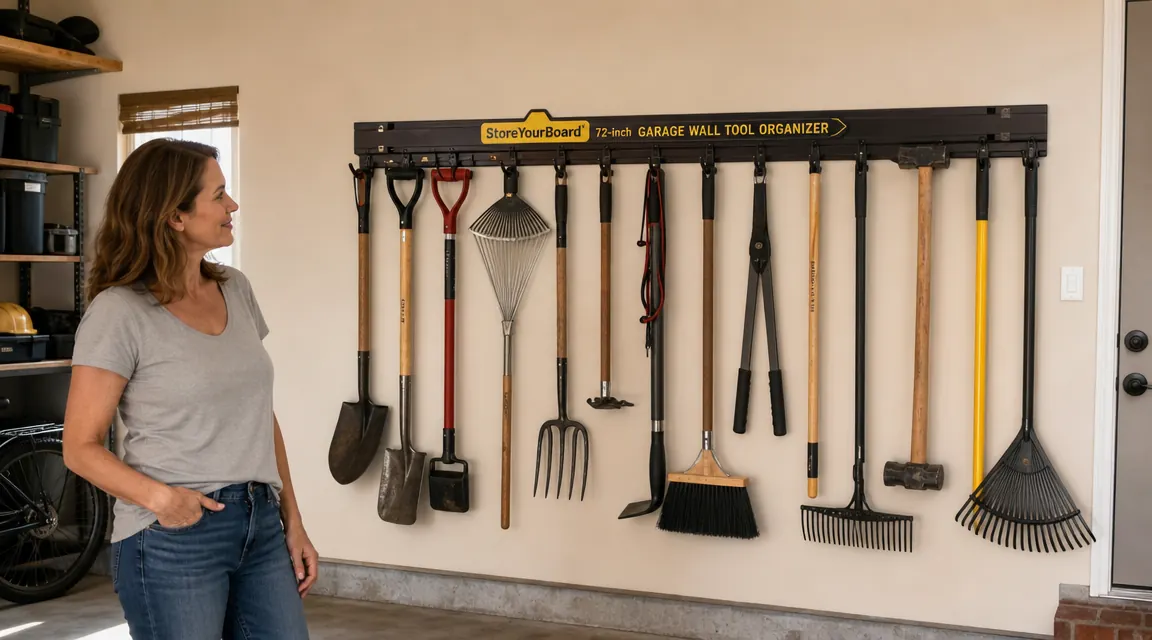 Full view of garage wall after installation with fifteen tools hanging organized on the StoreYourBoard rack