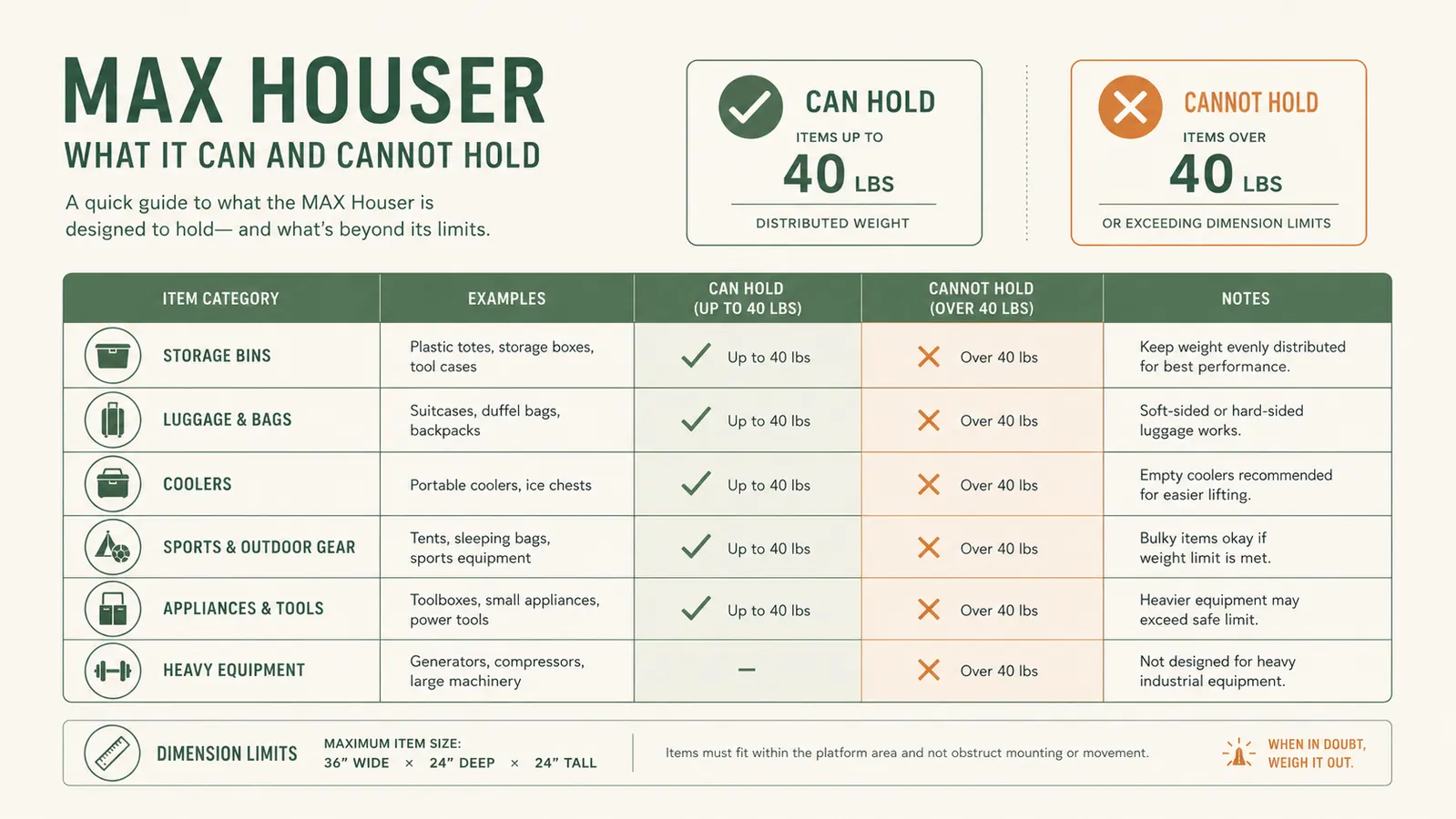 Chart comparing what the MAX Houser can and cannot hold by item type, showing a clear pass and fail breakdown by weight and item category