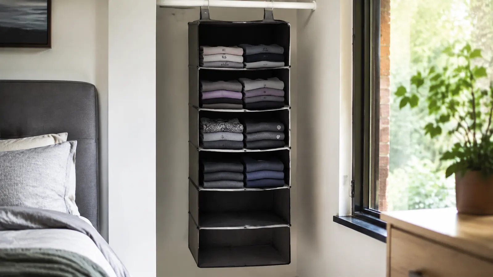 A MAX Houser hanging shelf fully loaded on the top four tiers with folded tees and leggings, bottom two tiers empty, showing the correct loading strategy