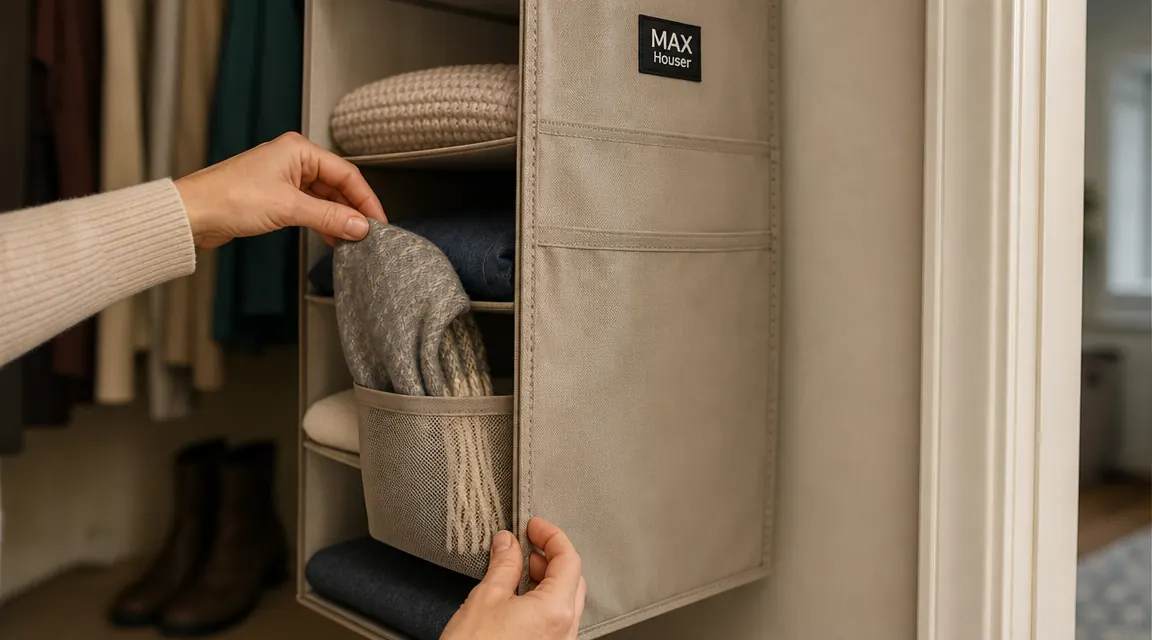 Close-up of the side pocket on a hanging closet organizer holding a folded scarf