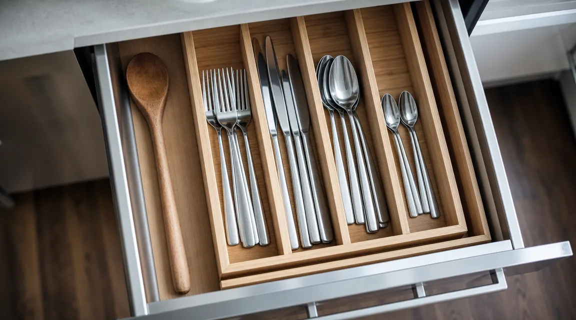 Overhead view of a kitchen drawer with a bamboo organizer holding sorted silverware, with a large wooden spoon sitting outside the drawer because it does not fit the slots
