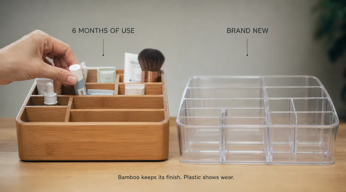 Side-by-side comparison showing bamboo organizer slots after six months of use versus a new plastic tray, bamboo holding its finish cleanly