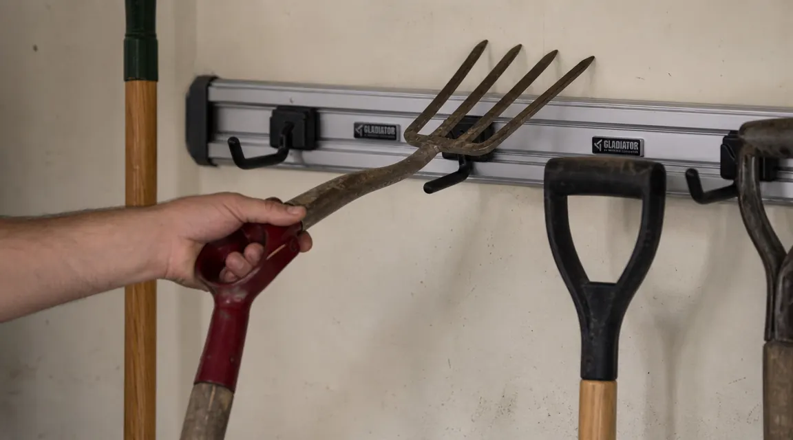 Garage wall with a D-handle garden fork being tilted sideways to fit onto a fixed-angle J-hook on a wall-mount rail