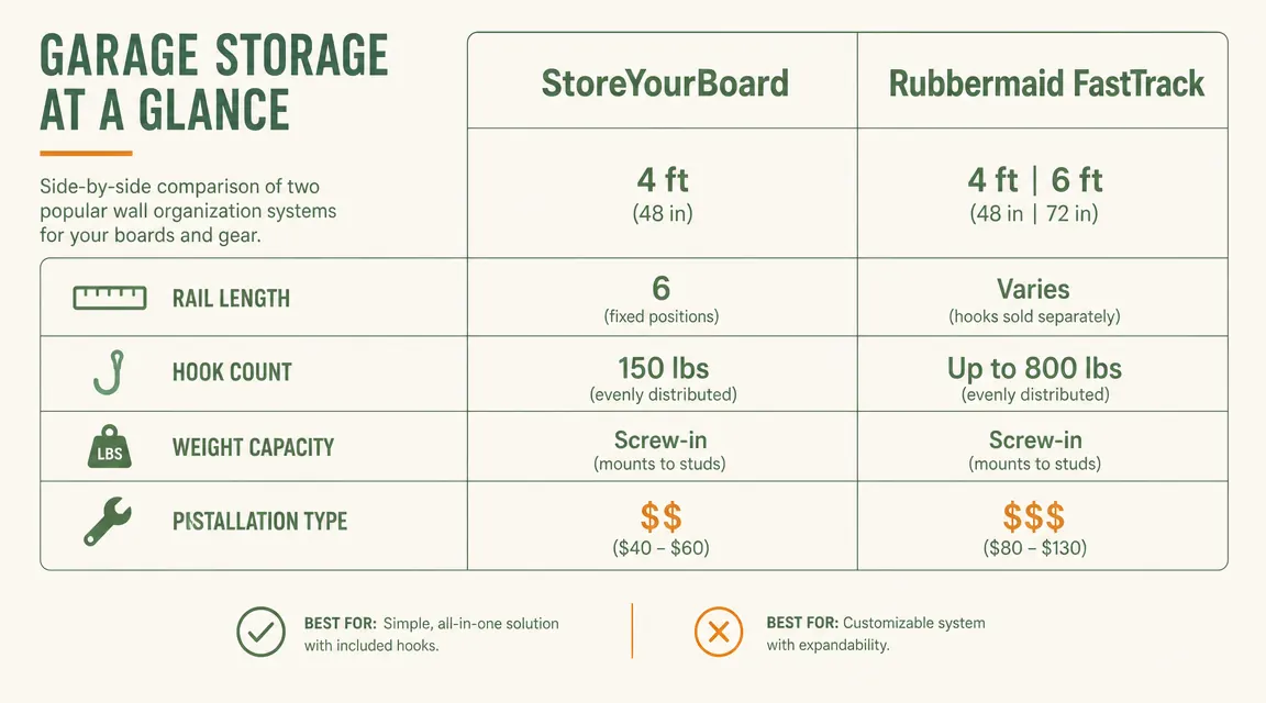 Side-by-side comparison chart showing StoreYourBoard and Rubbermaid FastTrack specs